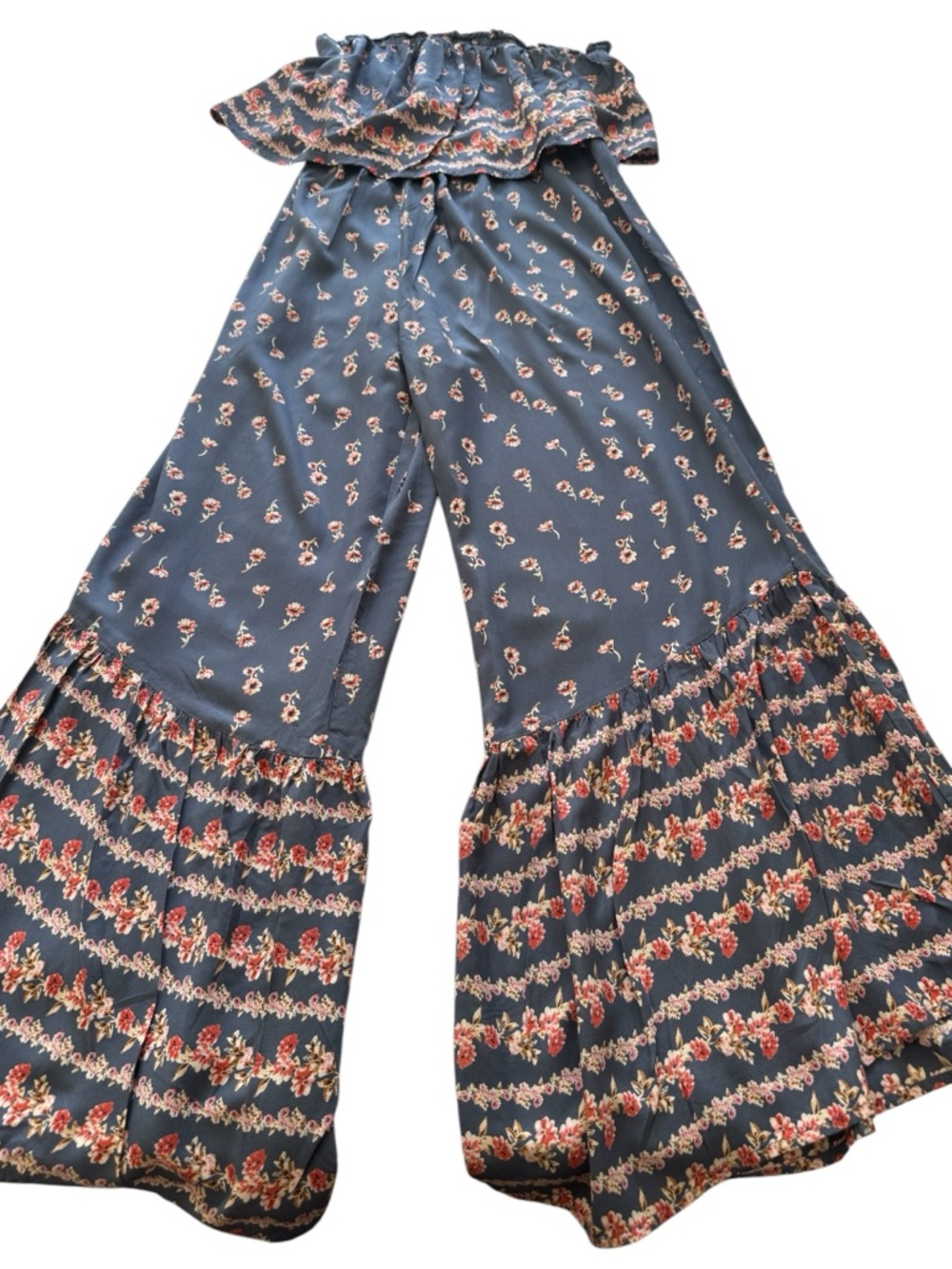 Japna Navy Floral Off-Shoulder Tiered Wide-Leg Jumpsuit